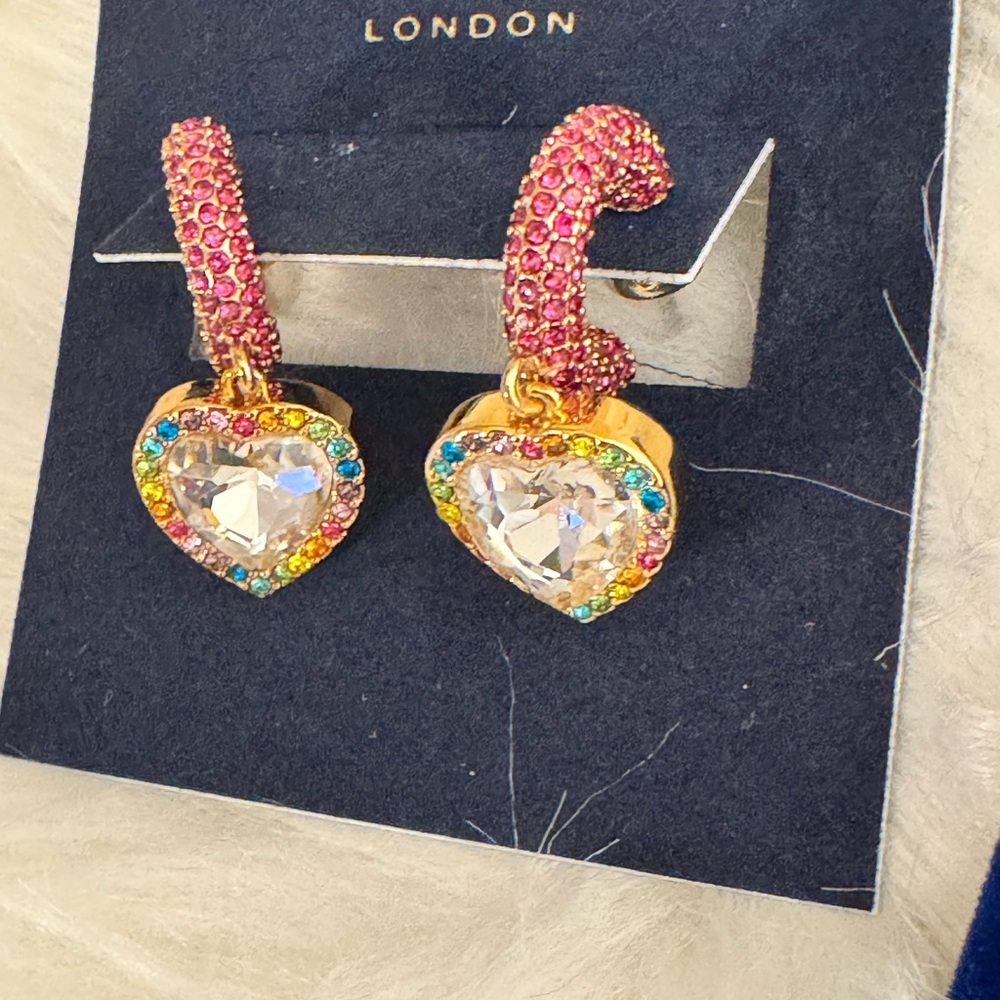 Kurt Geiger Pink and Gold Heart Earrings with Crystals,  Beautiful w/dustbag NEW